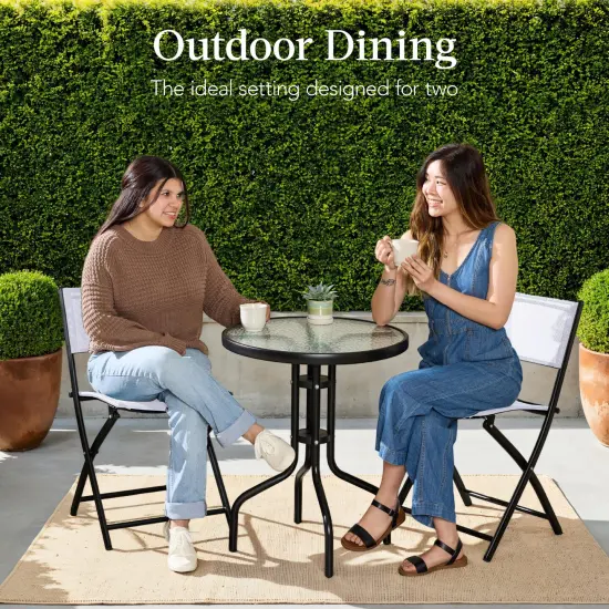 Best Choice Products 3-Piece Patio Bistro Dining Furniture Set w/ Round Textured Glass Tabletop, Folding Chairs White {3}