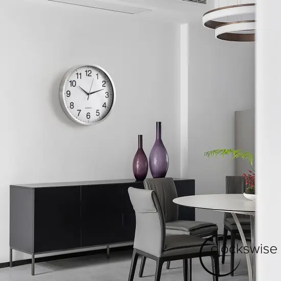 Clockswise Round Quartz Wall Clock Non-Ticking Battery Operated with Silent Sweep Movement, Aluminum Silver Frame, Perfect for Home Kitchen Office Living Room Study Hallway Classroom, Black Face {4}