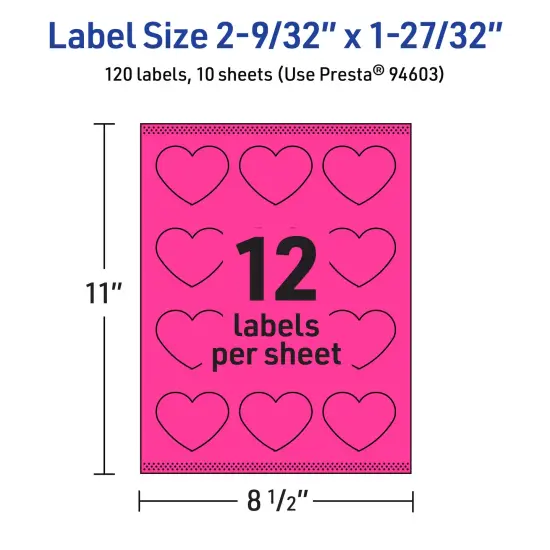Avery Neon Magenta Paper Labels, 2-9/32" x 1-27/32" Heart {5}
