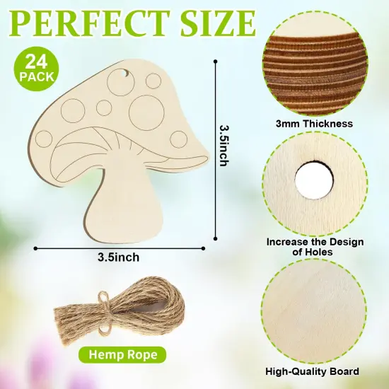 Wooden Spring Ornaments to Paint Mushroom Decoration Cutouts Unfinished 24PCS 3.5 x 3 inches, DIY Blank Unfinished Mushroom Wood Discs Ornament for Home Crafts Hanging Decoration {2}