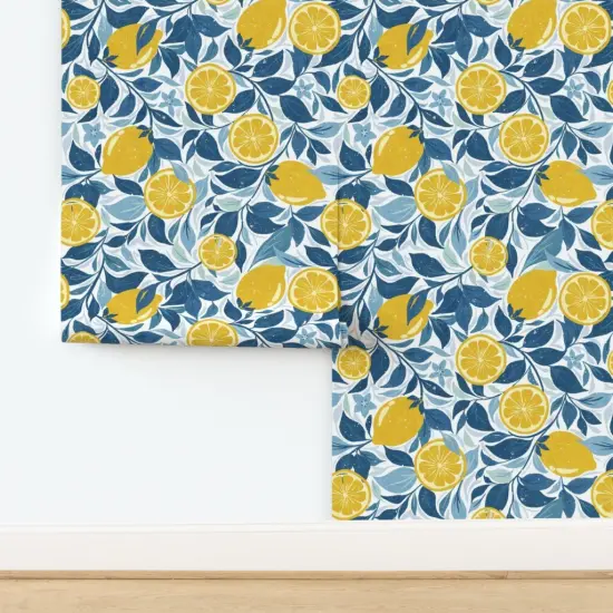 Peel & Stick Wallpaper 2FT Wide Citrus Mediterranean Summer Lemon Kitchen Fruit Distressed Faux Tile Texture Garden Trees Spring Italy Modern Farmhouse Classic Traditional Custom Removable Wallpaper by Spoonflower {2}