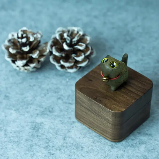 Hand-Carved Cat Wooden Ring Box {3}