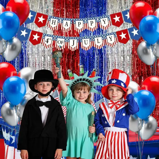 4th of July & Veterans Day Decorations, 2 Packs 3.3 x 6.6 ft Red White and Blue Foil Fringe Curtains, Tinsel Streamers for Patriotic Parties {5}