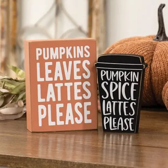 2/Set Pumpkin Spice Fall Sign and Coffee Cup Block Shelf Decor Set {4}