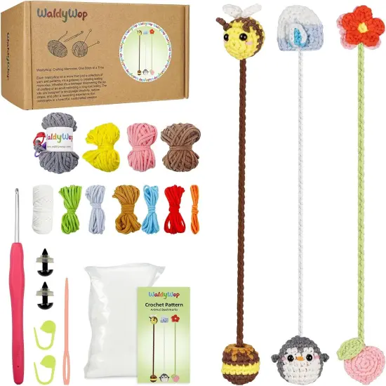 3 Animal & Flower Bookmarks Crochet Kit - Yellow, Blue, Pink {1}
