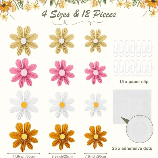 12 Pcs Paper Flowers Decorations for Wall Sunflower Daisy Paper Fans Classroom Decoration 3D Floral Hanging Fans for Birthday Wedding Baby Shower Spring Decor {2}