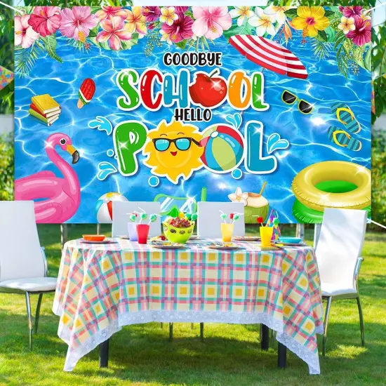 Goodbye School Hello Pool Banner Summer Pool Splish Splash Tropical Floral Backdrop End of School Year Party Decorations Banner Photo Booth Props {5}