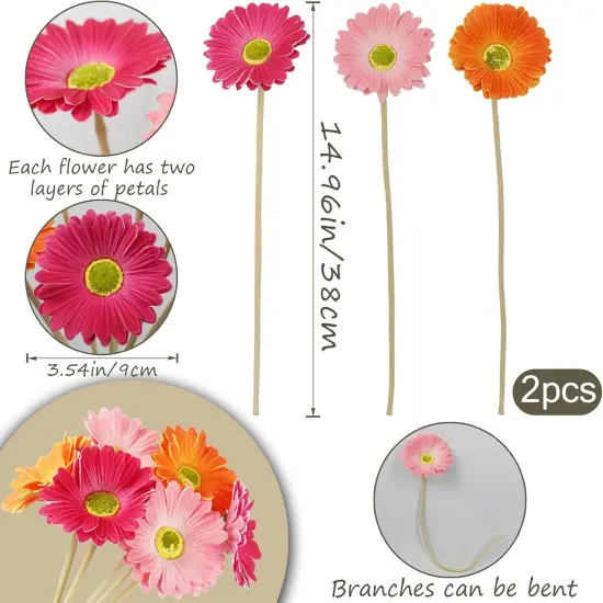6 Pcs Artificial Summer Tabletop Decor Gerbera Daisies Flowers Artificial Daisy Bouquet Fake Daisy Stems Faux Flowers Bulk Artificial Flowers Wildflowers Silk Flowers for Wedding Bridal Bouquet Party Home Kitchen {2}