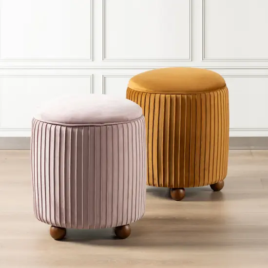 Modern Dusty Pleated Velvet Upholstered Storage Ottoman or Accent Stool with Rubberwood Ball Feet Pink {7}