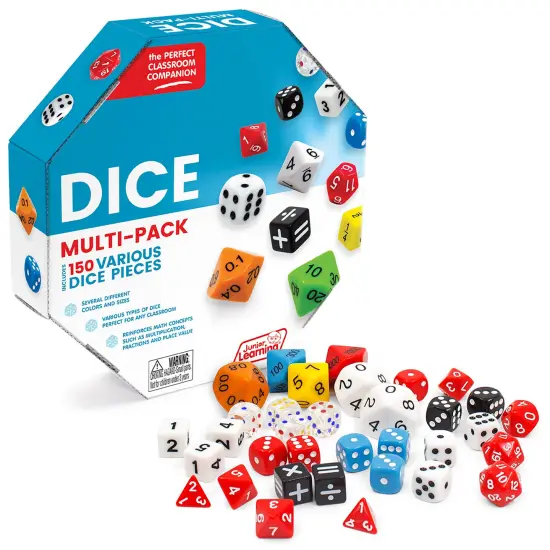 Junior Learning: Dice Multi-Pack - 150 Various Pieces - Multiple Sizes & Values, Math Concepts-Fractions-Equations, Use For Kids Play & Learning Games {1}