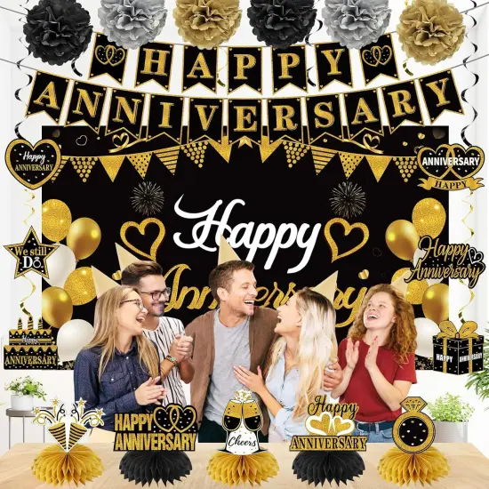 Happy Anniversary Decorations &ndash; Black & Gold Kit with Banner, Backdrop, Centerpieces & Swirls {5}