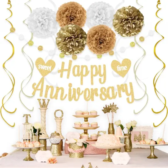 Happy Anniversary Decorations &ndash; Gold Banner, Pom Poms, Swirls & Garland {3}