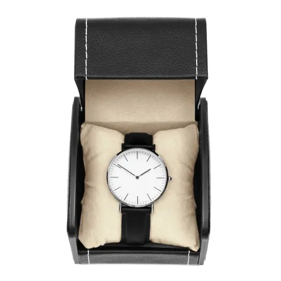 Single Grid Wrist Watch Box with Pillow (Black, Faux Leather) {6}