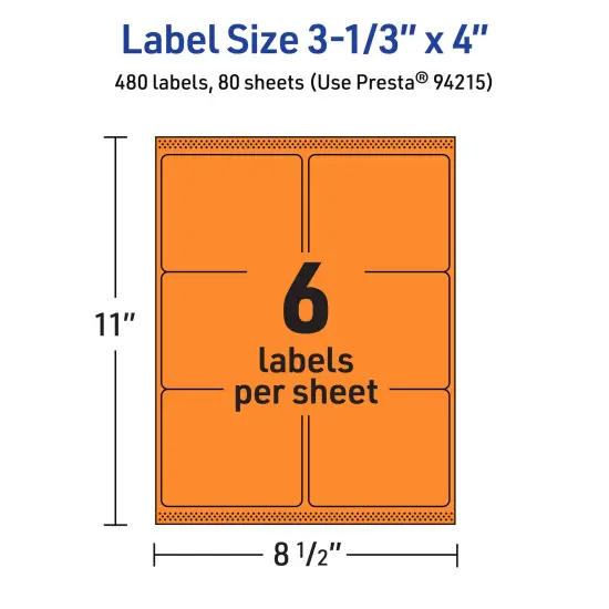 Avery Bright Orange Paper Labels, 3-1/3" x 4" Rectangle {5}