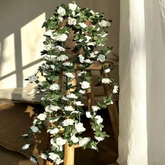 Artificial Rose Rattan Garland Fake Rose Vine Hanging Rose Ivy White Flowers Home Hotel Office Wedding Party Garden Craft Art Decoration {1}