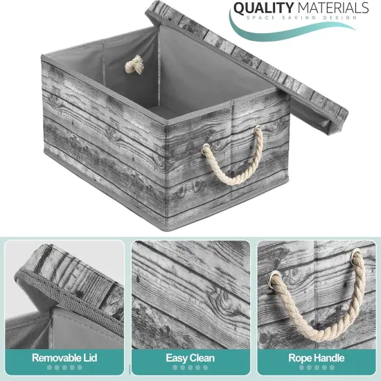Storage Box Set with Lid, Carry Handles, Foldable Frame, Rustic Wood Grain Print Bins, Great for Toys, Memorabilia, Closet, Office, Bedroom, 2-Pack {3}