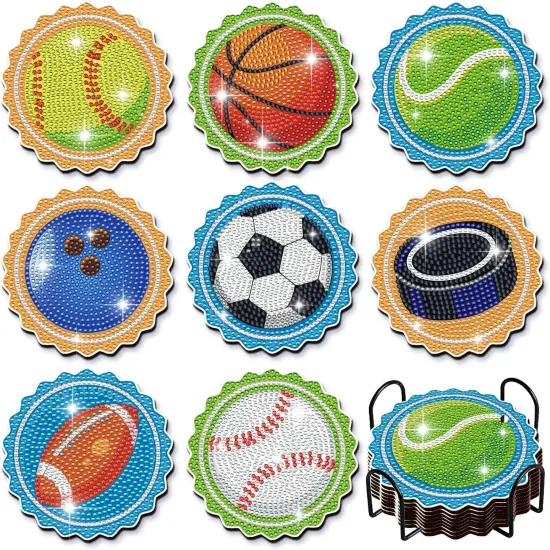 8 Pcs DIY Diamond Art Painting Balls Coasters with Holder, Sport Style Coasters Diamond Art Kits for Adults Beginners. Diamond Craft Supplies Coasters for Drinks {1}