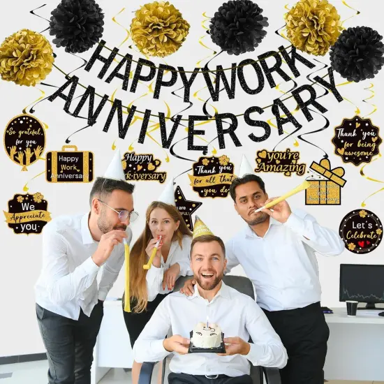 Happy Work Anniversary Decorations Black Gold, Happy Anniversary Banner {4}