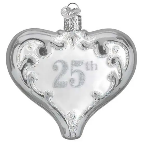 Old World Christmas 3.5 Inch 25Th Anniversary Heart Christmas Tree Ornament , Wedding Silver {1}
