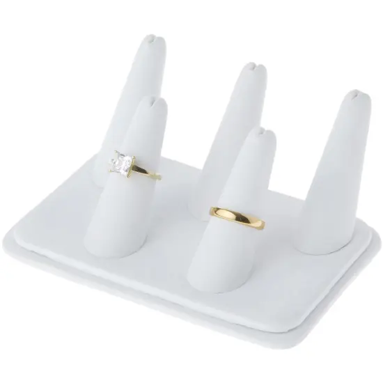 Plymor White Faux Leather Ring Finger Display, Five on Rectangular Base, 5.25" W x 3.625" D x 2.25" H {3}
