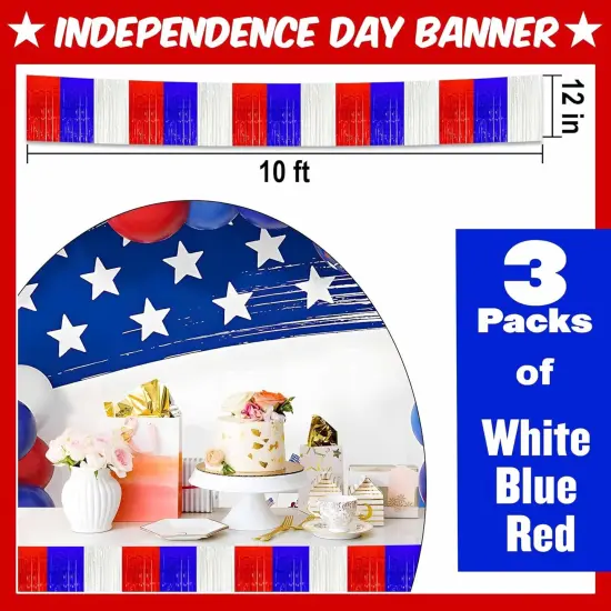 3 Pack 10 Ft White Blue Red Foil Fringe Garland Metallic Streamers Tinsel Banner Wall Hanging Garland Backdrop for Parade Floats, Halloween, Christmas, Thanksgiving, New Year Party Decorations {2}
