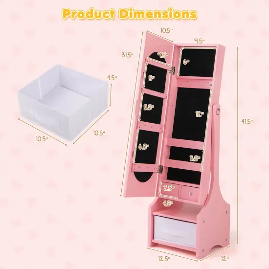 Costway Kids Jewelry Cabinet with Full-Length Mirror Drawer 2 Adjustable Tilt Angles White/Pink {3}