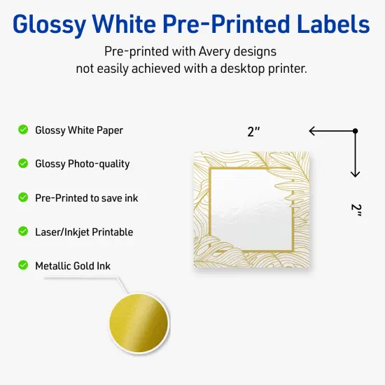 Avery Printable Square Labels with Sure Feed Technology, Pre-Printed Gold Florals, Glossy White, 2" x 2", Laser & Inkjet Compatible, 120 Total, Great for Branding, Marketing, and Events {2}
