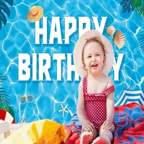 Pool Happy Birthday Photography Background Summer Pool Party Banner Tropical Swimming Hawaiian Theme Photo Decorations Backdrop (7x5FT) {3}