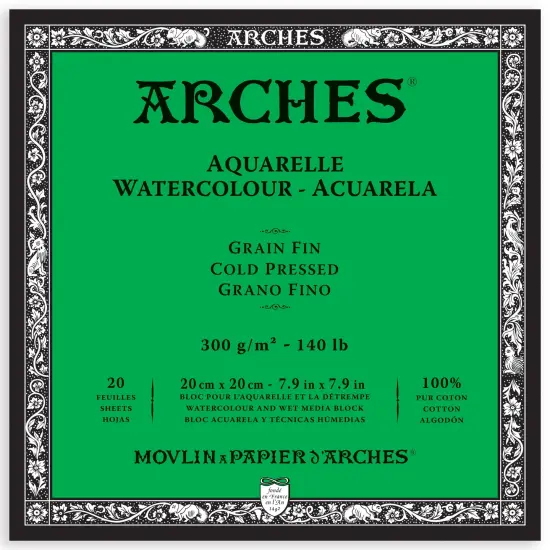 Arches Aquarelle Cold Pressed Watercolor Block 7.9"X7.9"- 140lb, 20 Sheets {1}