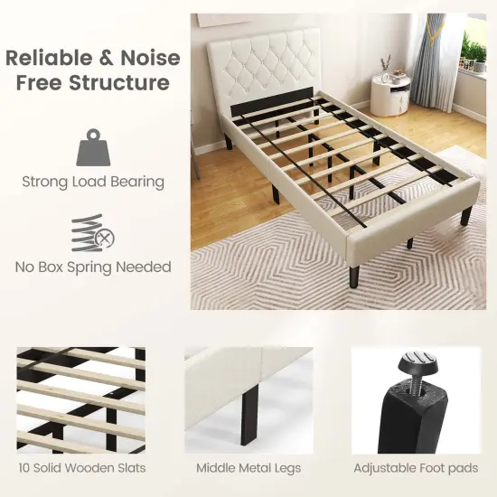 Costway Upholstered Platform Bed Twin Size Button Tufted Headboard Wooden Slats Support {5}