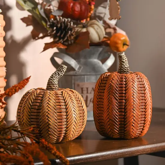 2pcs Statue Rattan Pumpkin Fall Decoration {3}