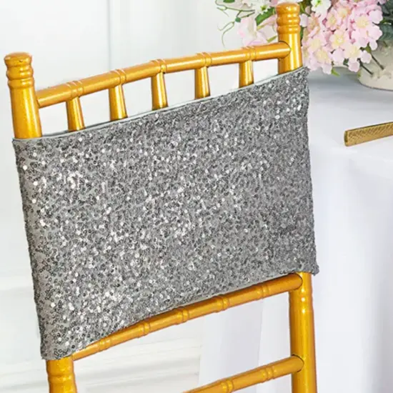 10 Pieces Shimmering Silver Sequin Stretch Spandex Chair Bands 7 x 13 Inches {4}