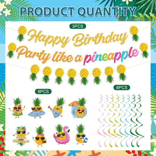 Pineapple Birthday Banner Decorations - Party Like A Pineapple Happy Birthday Banner with Hanging Swirl Tropical Party Decor for Summer Aloha Luau Hawaiian Birthday Party Supplies, Yellow {2}