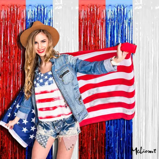 4 Pack 3.2Ft x 6.6Ft Independence Day Fringe Curtain Backdrop, Red Blue White Metallic Tinsel Foil Fringe Streamers Curtains Background for Photo Booth Birthday Wedding Carnival Party Decorations {5}