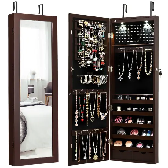 Costway Wall Mount Mirrored Jewelry Cabinet Organizer LED Lights {1}