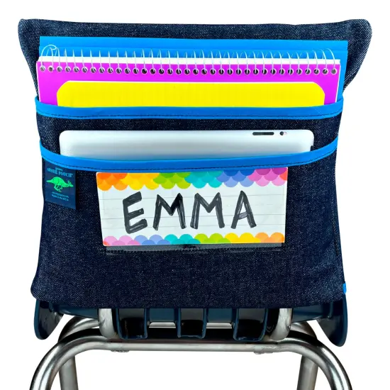 Aussie Pouch Chair Pocket with Double Pocket Design and Name Tag Pocket, Large, 17 Inches, Blue Trim {1}