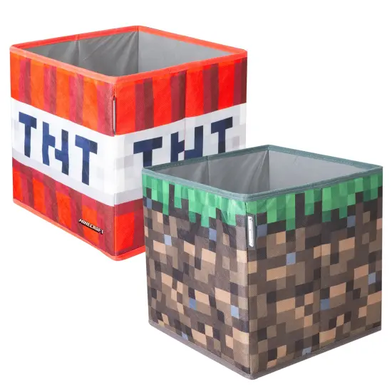 Minecraft: Fabric Storage Boxes: 2pc - TNT & Grass Block - 10" Collapsible Square Cubes, Toys-Games-Clothes Organization, Game Theme Decor, Licensed {4}