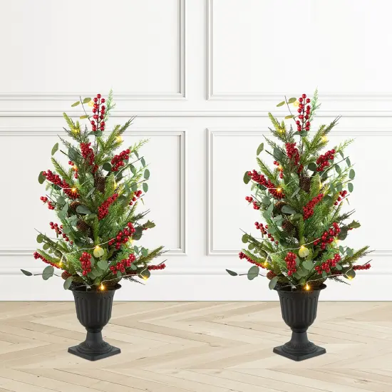 Set of 2 36''H Christmas Lighted Berry Pine Cone Urn Porch Trees With Timer Green {3}