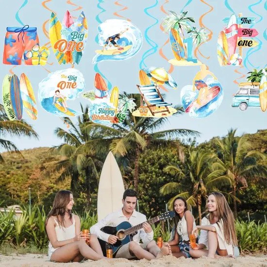 Summer Surfing Party Hanging Swirls Vintage Surfing Birthday Decoration Surfboard Themed Swirl Ceiling Summer Beach Surf Party Hanging Streamer for Hawaii Party The Big One Surf Party Supplies {2}