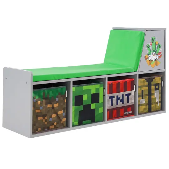 Minecraft: Storage Bench - Wooden Storage w/ Cushioned Reading Shelf, 4 Themed Storage Cubes, Seating & Organization In 1, Game Theme D&eacute;cor, Licensed {1}