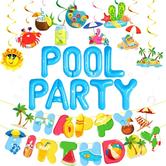 Summer Pool Beach Hanging Swirls 9 Pack Foil Ceiling Hanging Swirls Pool Party Balloons Swimming Pool Birthday Party Banner Beach {1}