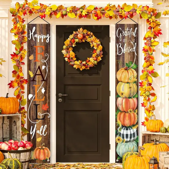 Happy Fall Y'all Porch Sign Grateful Autumn Pumpkin Hanging Banner {1}