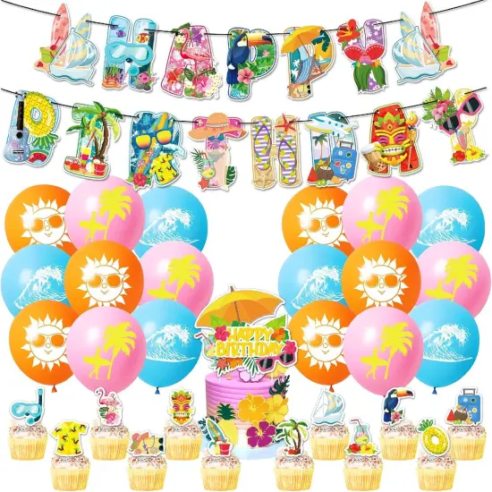 Summer Beach Party Decorations - Banner, Cake Toppers, Balloons {1}