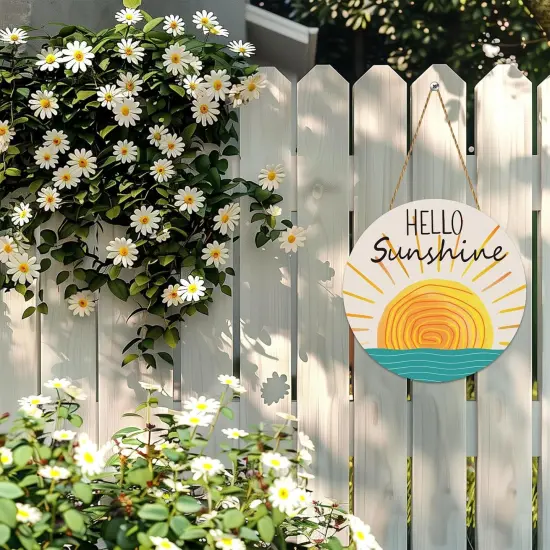 Summer Decor Wreaths for Front Door Wreath Hello Sunshine Front Door Decor Rustic Wooden Sign hanger for Pool Farmhouse Porch Home Spring Wall Decorations {5}