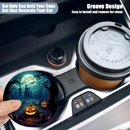 Pack of 2 -Cup Holders Car Coasters - Halloween Night Pumpkins Absorbent Ceramic Coaster {5}