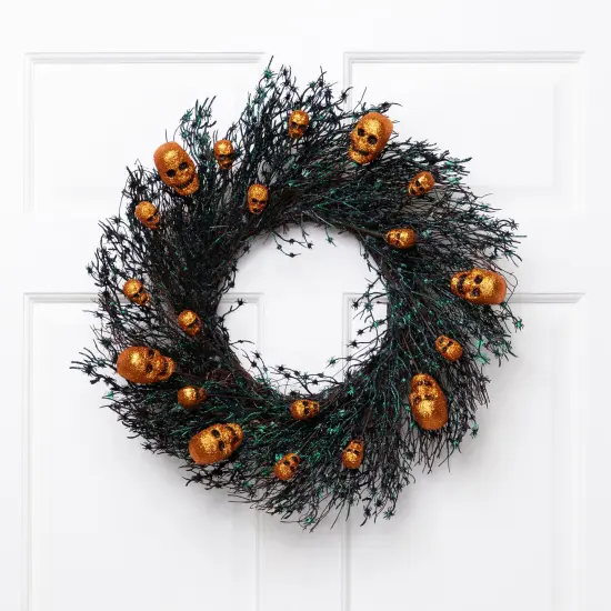 Northlight Glittered Skulls and Spiders Halloween Twig Wreath - 22" - Unlit Black {1}