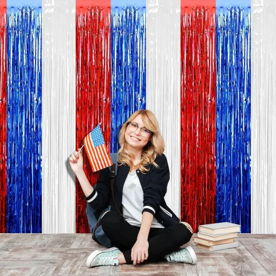 4 Pack 3.2Ft x 8.2Ft Independence Day Foil Fringe Curtain Backdrop, Red Blue White Metallic Tinsel Foil Fringe Streamers Curtains Background for Photo Booth, Birthday, Wedding, Party Decoration {4}