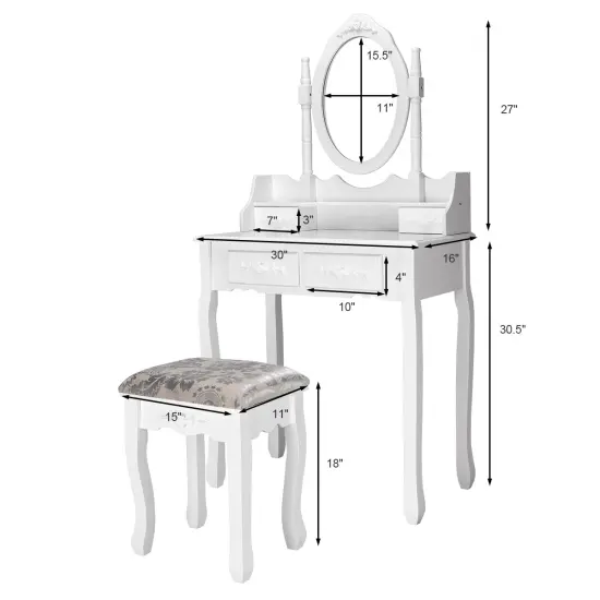 Costway Vanity Wood Makeup Dressing Table Stool Jewelry Desk 4 White {3}
