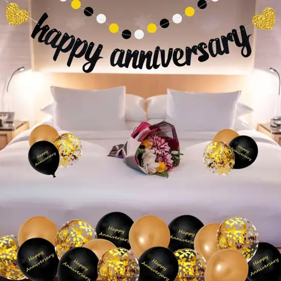 Happy Wedding Decorations &ndash; Gold & Black Banner, Cake Topper, Balloons & Hanging Decor {5}