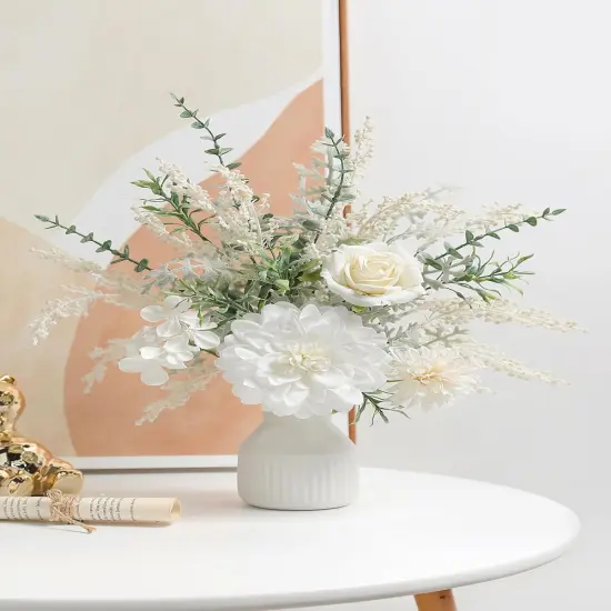 Artificial Flowers in Ceramic Vase, White Faux Flowers with Vase,Centerpieces Coffee Table Decor, Silk Flower Arrangements {4}